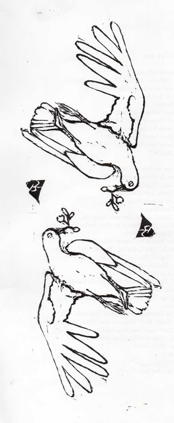 Twee dode vredeesduiven in gesprek - houtsnede
