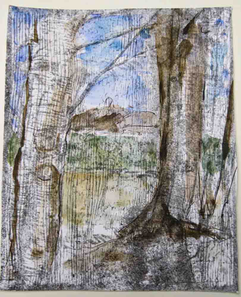 Renkums beekdal - gemengde techniek, houtsnede en aquarel