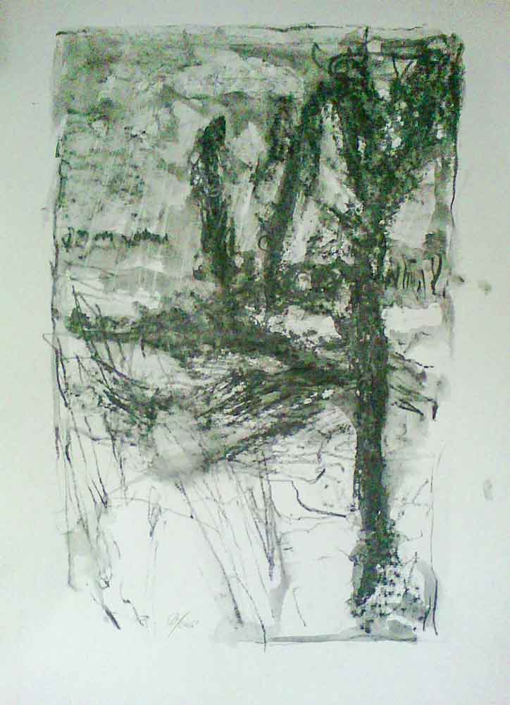 regen in het beekdal - potlood, grafiet en aquarel